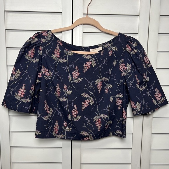 Rebecca Taylor Tops - Rebecca Taylor Ivie Floral Tie Back Puff Sleeve Crop Top Size Small Navy